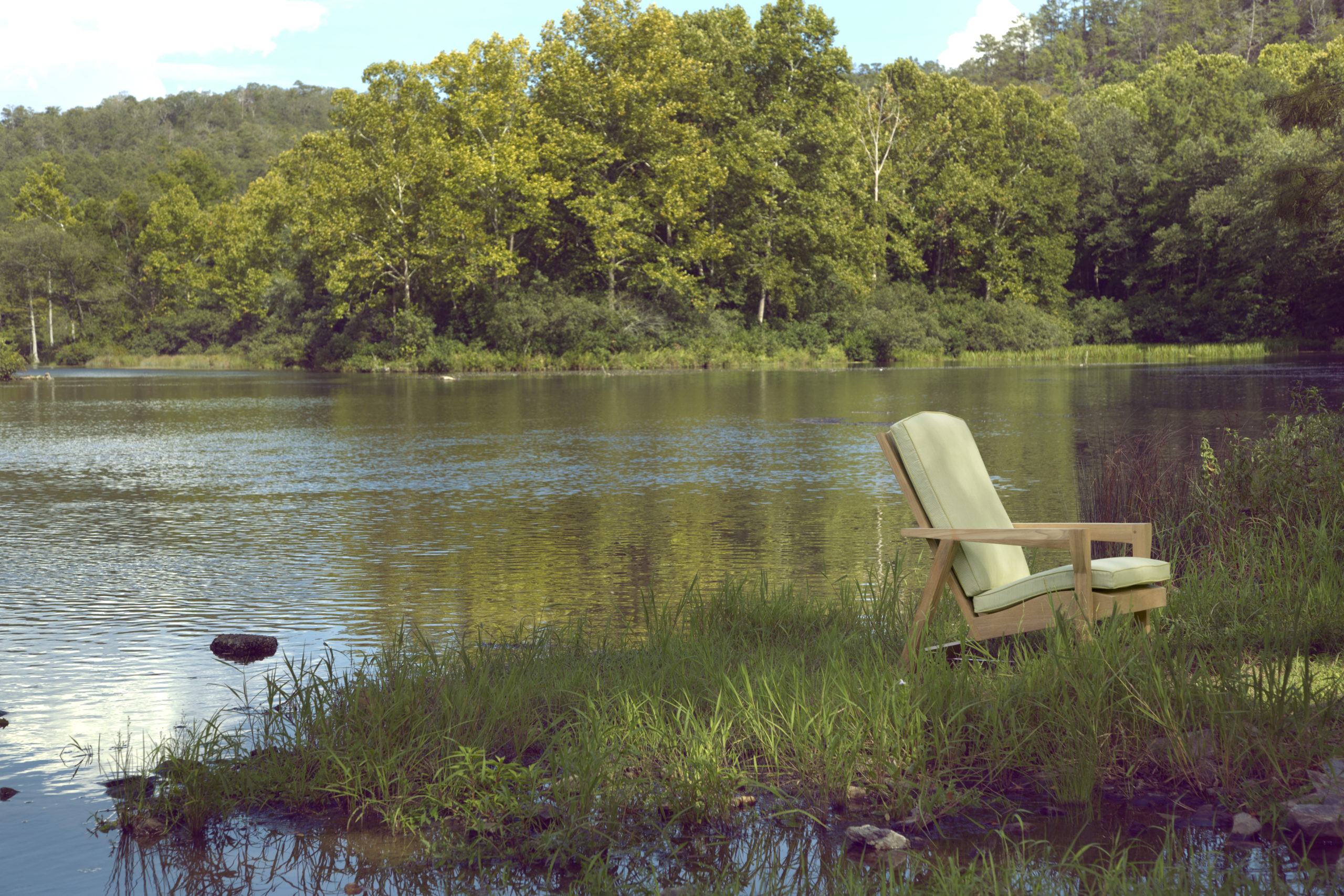 Perennials fabric on a chair by a lake