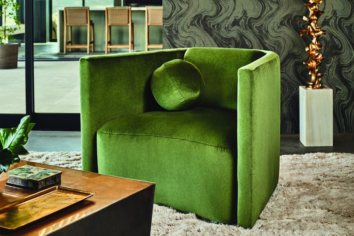 Lounge chair in Big Softy-Matcha fabric; wallcovering is Set in Stone-Fearless Green