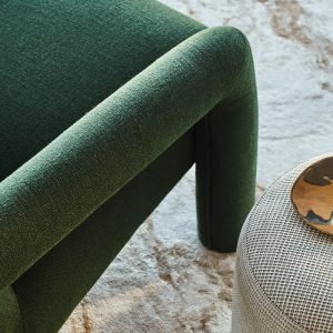 Lounge chair in Perennials Rough 'n Rowdy-Fearless Green fabric, Ottoman in Common Ground-Matcha with Natural High Tibetan Knot Rug