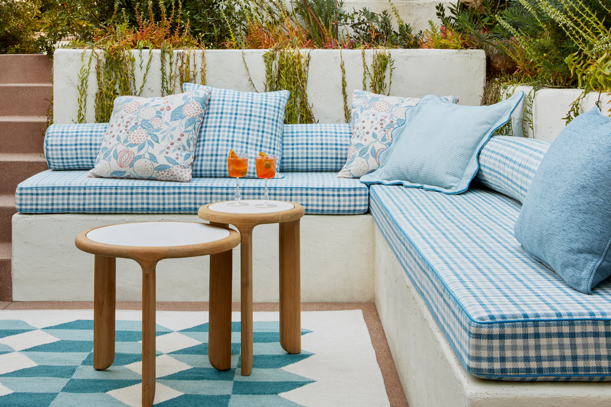 Nonna Capri fabric featured on upholstered outdoor seating